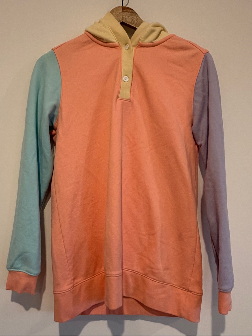 Lands' End S 6-8 Pink Colorblock Serious Sweats Button Popover Hoodie Sweatshirt